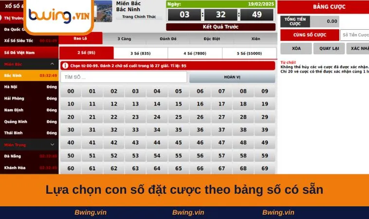 Lựa chọn con số đặt cược theo bảng số có sẵn